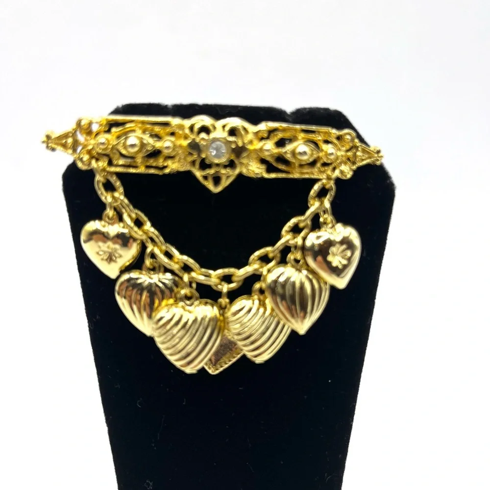 Gold Heart Charm Bar Brooch - Elegant Women’s Jewelry Hearts love - Picture 2 of 12